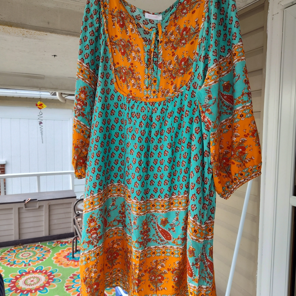 Floral Bohemian Dress - Orange and Teal